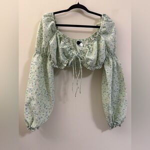 H&M Garden Party Floral Crop‎ Top with Balloon Sleeves in Mint Green - L